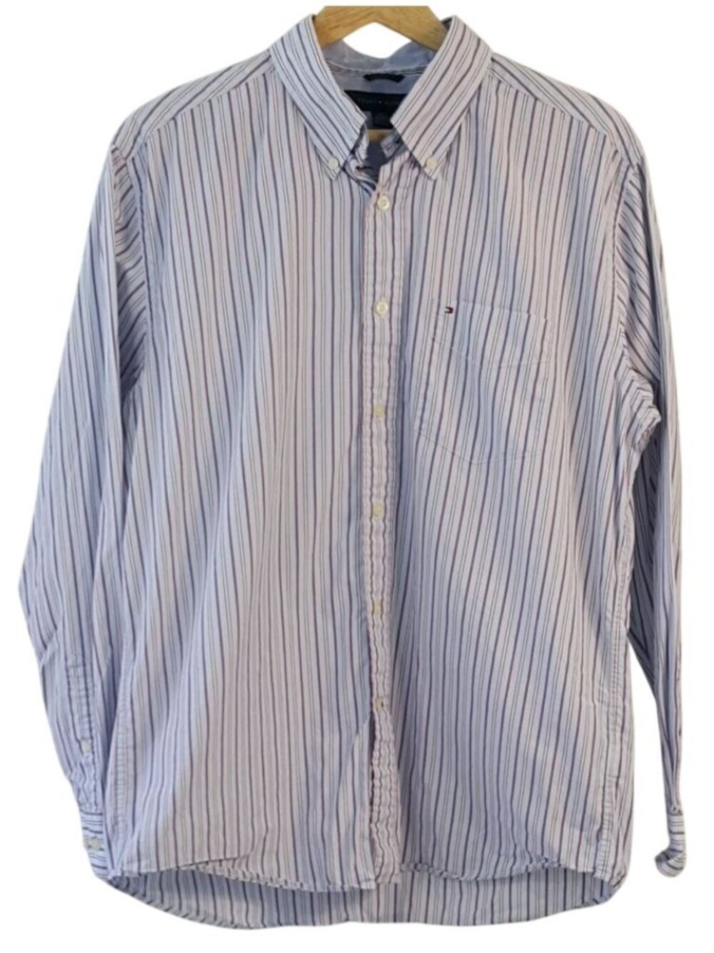 Tommy Hilfiger Mens Stripe Button Down Shirt Blue Large Long Sleeve 100% Cotton